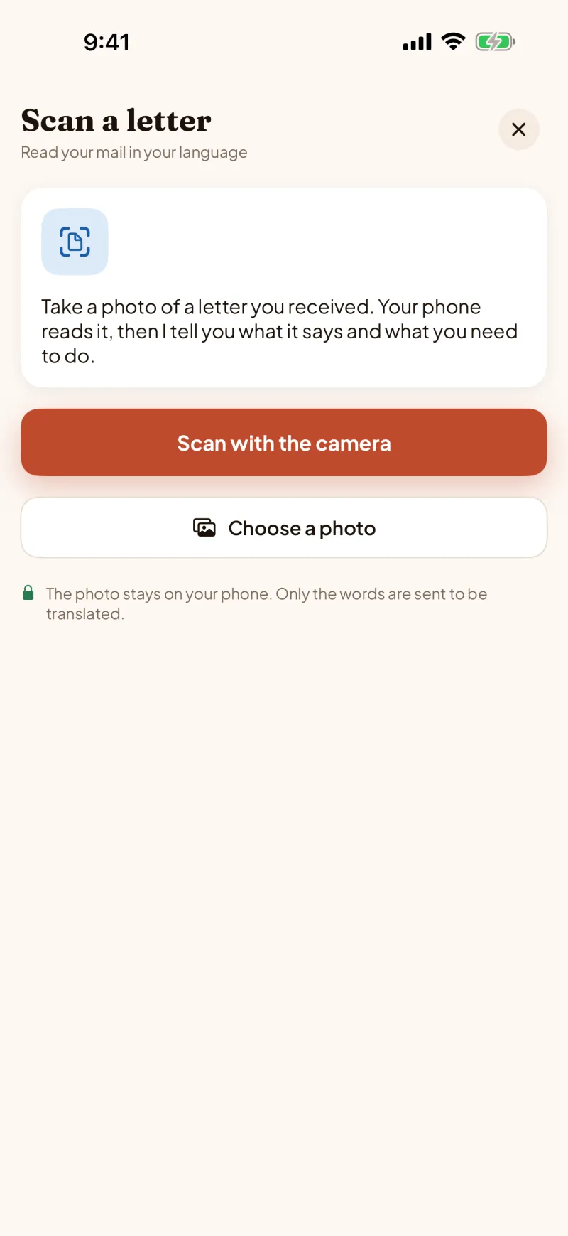 The Scan a letter screen, with buttons to scan with the camera or choose a photo, and a note that the photo stays on your phone.