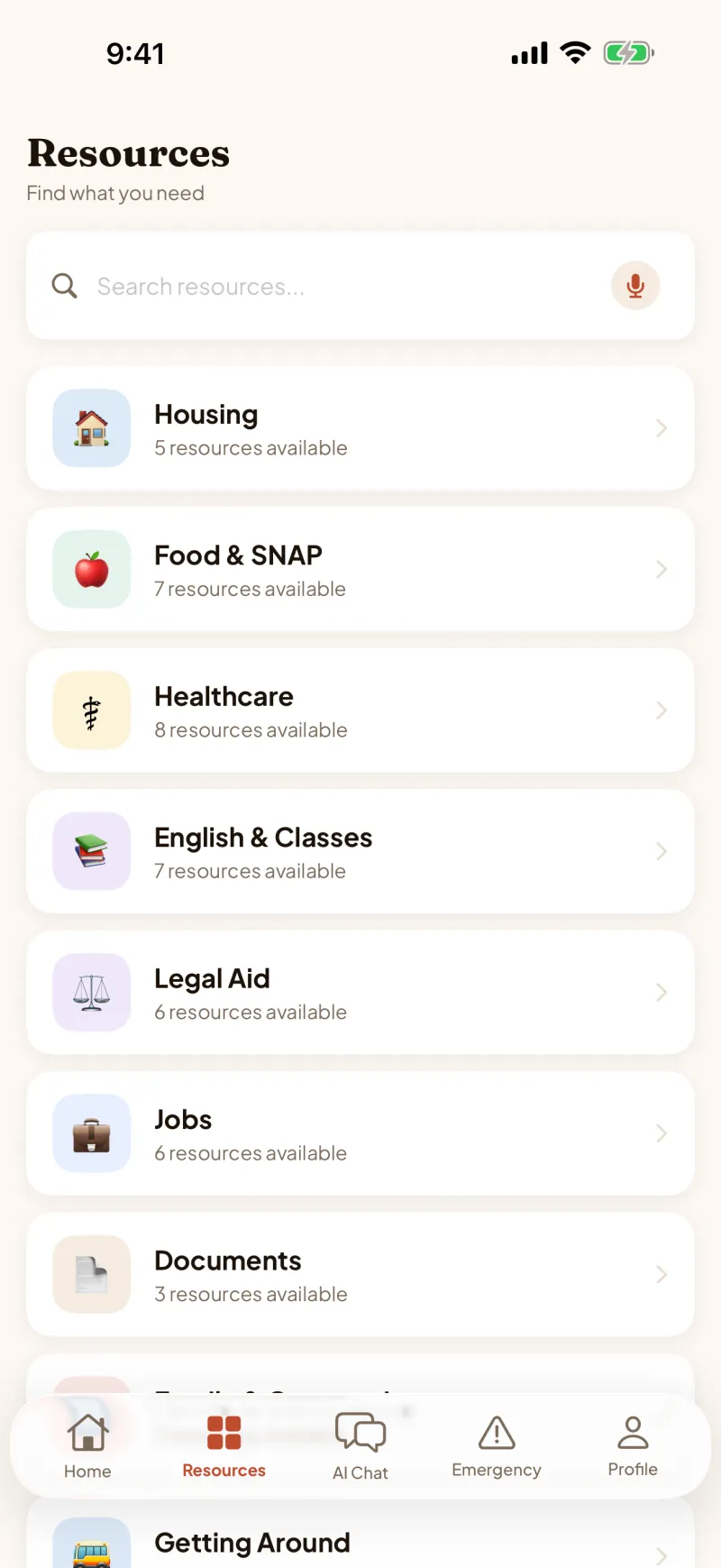 The Resources screen: help sorted by need, such as Housing, Food and SNAP, Healthcare, English and Classes, Legal Aid, Jobs and Documents.