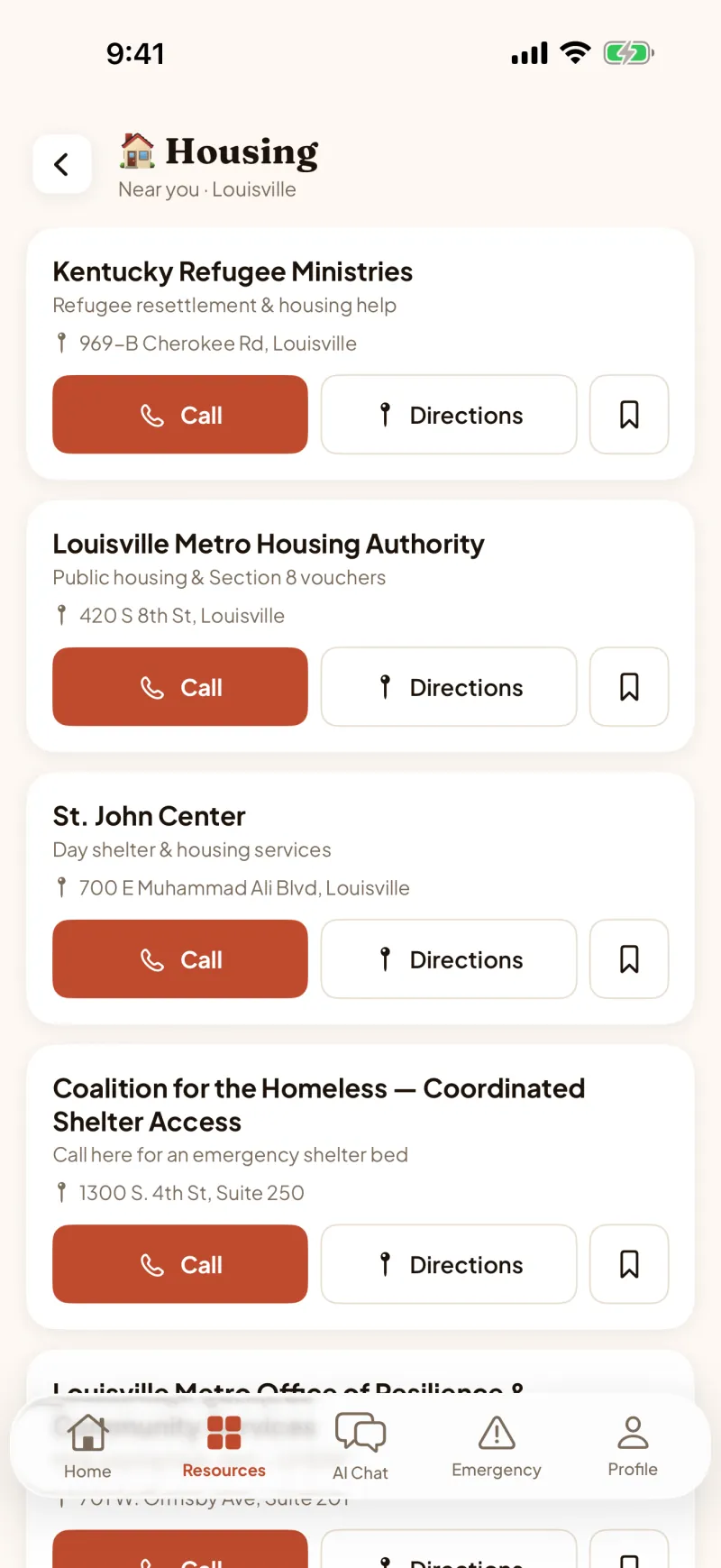 Housing help near you in Louisville: each organization has its address and buttons to call, get directions or save it.